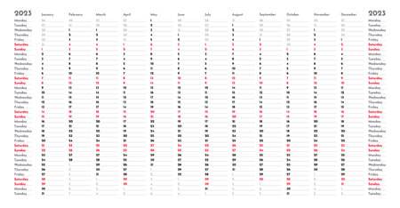 Simple linear calendar yearly planner template for 2023 with vertical month grid and highlighted weekendsのイラスト素材