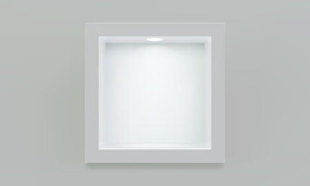 Empty white cube shelf or niche on wall with led spotlight 3D mockupのイラスト素材