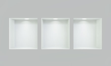 Three empty niches or shelves on white wall with led spotlight 3D mockupのイラスト素材