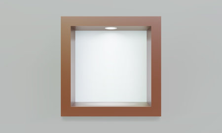 Empty brown cube shelf or niche on wall with led spotlight 3D mockupのイラスト素材