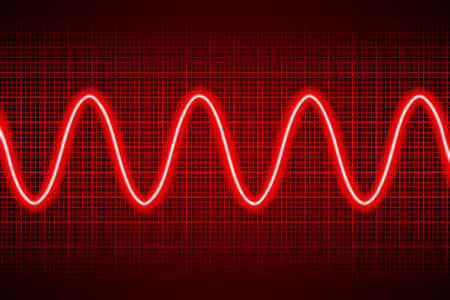 Abstract neon red cosine curve pattern on dark oscilloscope digital screenのイラスト素材