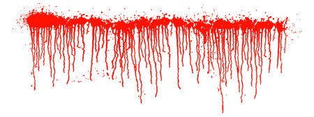 Red blood drips isolated on white background. Scarlet paint, wine or sauce splash on wallのイラスト素材