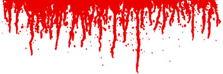 Scarlet blood drip top border isolated on white background. Red paint, wine or sauce splash on wallのイラスト素材