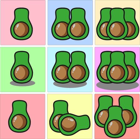 Pear-shaped avocado, sliced in half to show its yellow-green flesh and large brown pit one two three set with shadows and different positionのイラスト素材