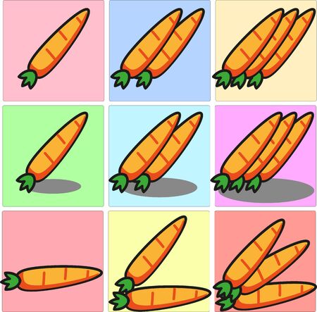Whole, bright orange carrot, topped with long green leaves one two three set with shadows and different positionのイラスト素材