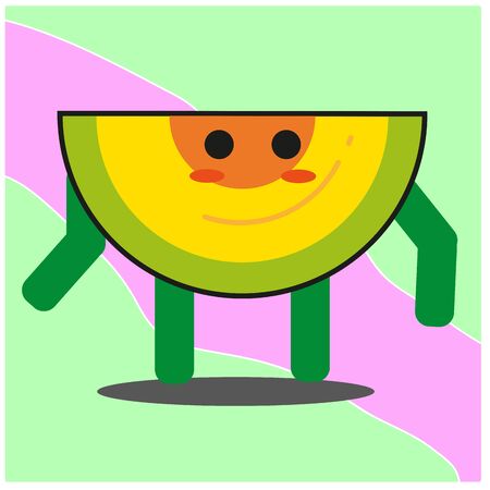 Cute slice of melonfruit cartoon face mascot character with hand and leg vector designのイラスト素材