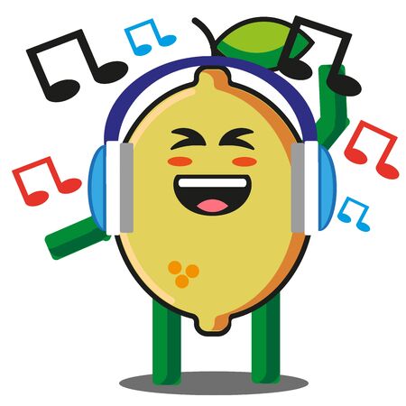 Cute citrus lemon fruits listening to the music cartoon mascot character without background vector designのイラスト素材