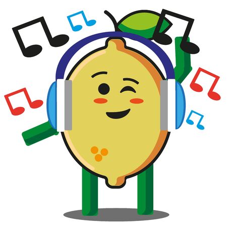 Cute citrus lemon fruits listening to the music cartoon mascot character without background vector designのイラスト素材