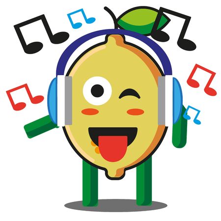 Cute citrus lemon fruits listening to the music cartoon mascot character without backround vector designのイラスト素材