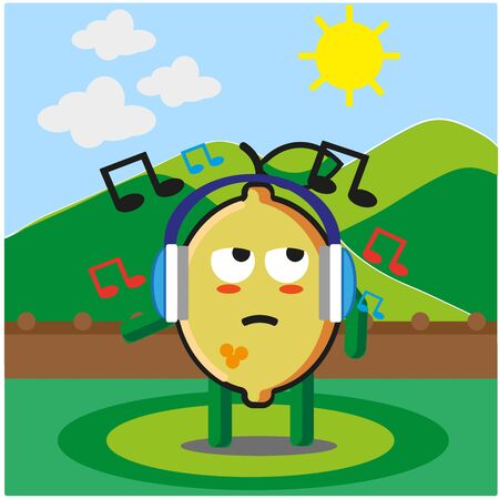 Cute citrus lemon fruits listening to the music cartoon mascot character outdoor mountain view vector designのイラスト素材
