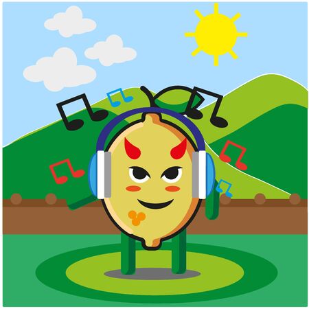 Cute citrus lemon fruits listening to the music cartoon mascot character outdoor mountain view vector designのイラスト素材