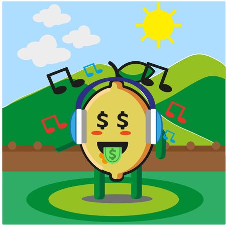 Cute citrus lemon fruits listening to the music cartoon mascot character outdoor mountain view vector designのイラスト素材