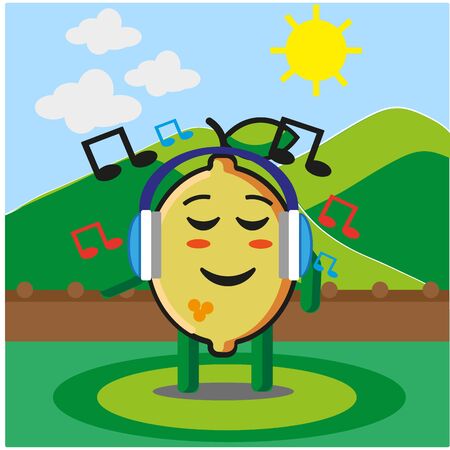 Cute citrus lemon fruits listening to the music cartoon mascot character outdoor mountain view vector designのイラスト素材