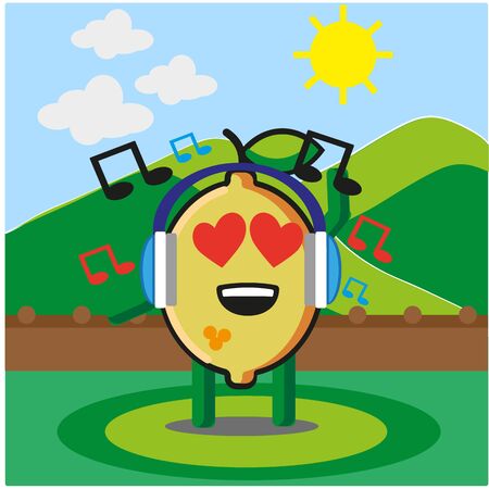 Cute citrus lemon fruits listening to the music cartoon mascot character outdoor mountain view vector designのイラスト素材