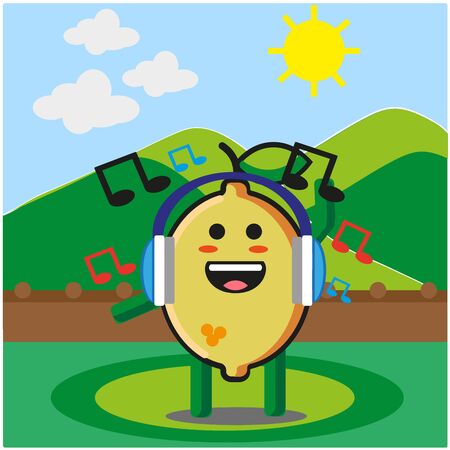 Cute citrus lemon fruits listening to the music cartoon mascot character outdoor mountain view vector designのイラスト素材
