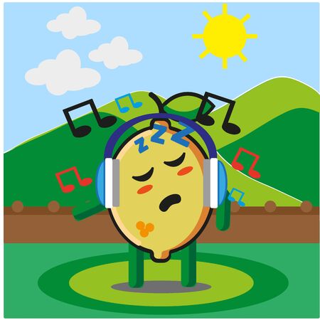 Cute citrus lemon fruits listening to the music cartoon mascot character outdoor mountain view vector designのイラスト素材