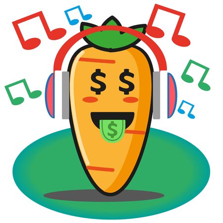 Cute carrot vegetables cartoon listening to the music through headset no background mascot character vector designのイラスト素材