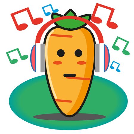 Cute carrot vegetables cartoon listening to the music through headset no background mascot character vector designのイラスト素材