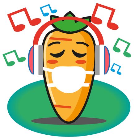 Cute carrot vegetables cartoon listening to the music through headset no background mascot character vector designのイラスト素材