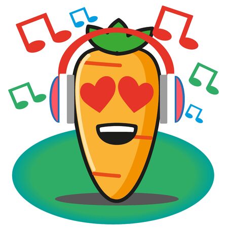 Cute carrot vegetables cartoon listening to the music through headset no background mascot character vector designのイラスト素材