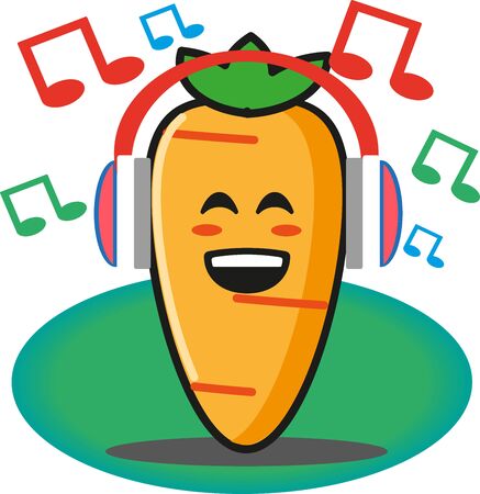 Cute carrot vegetables cartoon listening to the music through headset no background mascot character vector designのイラスト素材