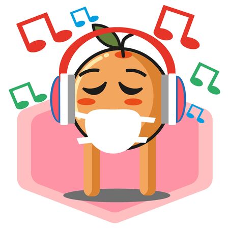 Cute orange fruit cartoon listening to the music no background mascot character vector designのイラスト素材