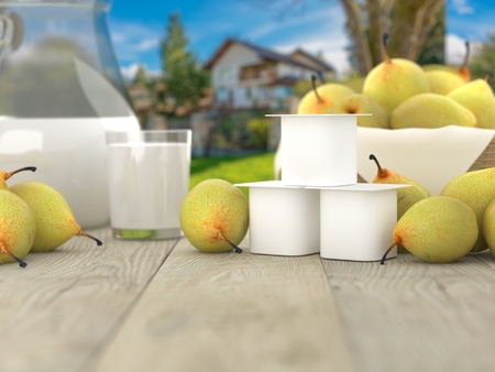 Template jar of yogurt without label. Banana, pear, appleの写真素材