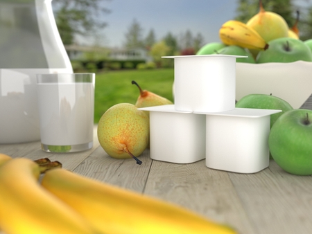 Template jar of yogurt without label. Banana, pear, appleの写真素材