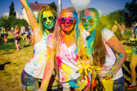 KRASNODAR, KRASNODAR REGION, RUSSIA 04.05.2018 :: A group of young girls at the Holi festival of colors in Russiaのeditorial素材