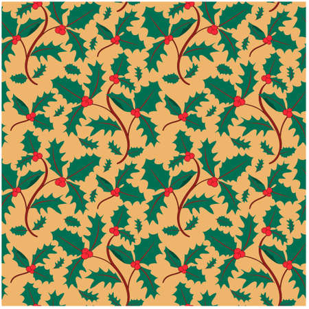 Seamless Christmas pattern with holly leaves and berries. Warm bright colors, festive mood, ideal for gift wrapping and textiles.のイラスト素材