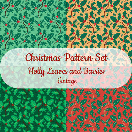 Collection of seamless Christmas patterns with branches and holly berriesのイラスト素材