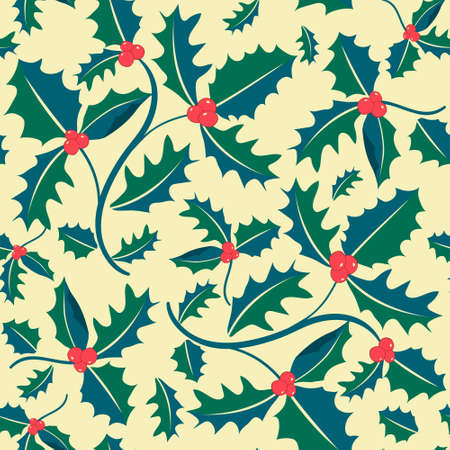 Seamless pattern with holly branches, bright berries and green leavesのイラスト素材