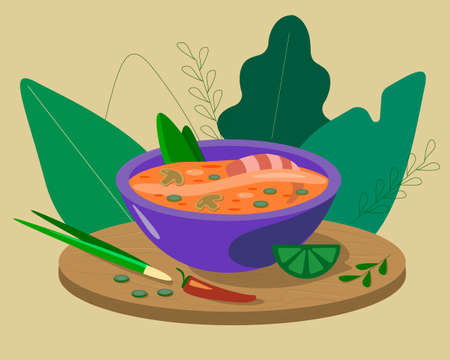 A plate of delicious Thai Tom Yam soupのイラスト素材