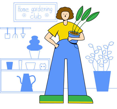 Vector flat illustration, woman with a pot plant in her hand is standing at the home garden workplace with a poster Home Gardening Club on the wall.のイラスト素材