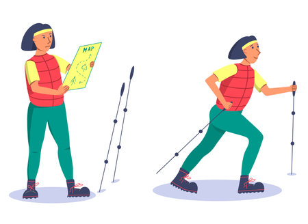 Vector illustration healthy lifestyle character in different poses. Girl is walking on the hiking trail and girl looks at the orienteering map.のイラスト素材