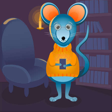 Vector illustration in cartoon style, a mouse in a warm yellow sweater and glasses holds a book in its pawsのイラスト素材