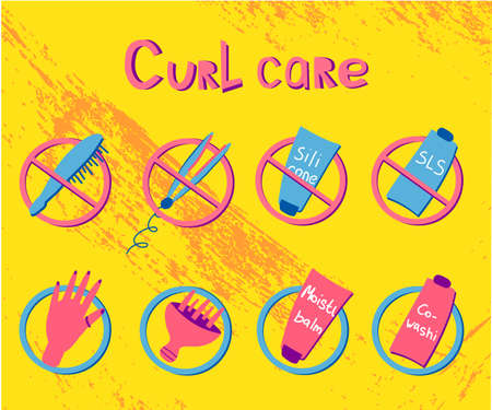 Design concept of infographic for curly girl method. Kinky, coil, waves hair style. Cosmetic and accessorise to curly hair care.のイラスト素材