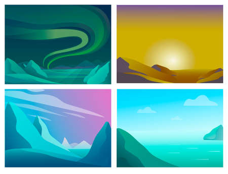 Set of vector landscapes in a minimalistic style with a gradient. Four beautiful landscapes of varied nature.のイラスト素材