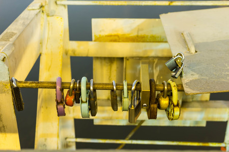 Barn locks are hung on the bridge in honor of relationships and love. Evening time.