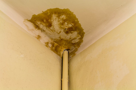 Peeling paint on the ceiling. Rusty water leaking pipe.の写真素材