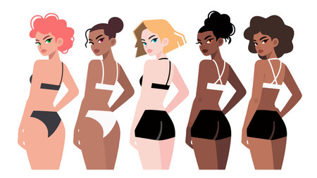 Five diverse women in swimwear stand side-by-side, presented in a flat, stylized illustration. Each woman has distinct features â skin tones, hairstyles, and expressions â conveyinのイラスト素材