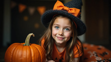 Portrait of smiling little girl in Halloween costume with pumpkinの素材
