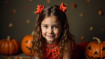 Cute little girl in Halloween costume with pumpkins on dark backgroundの素材