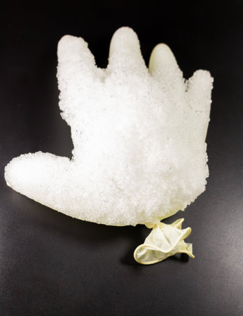A Frozen Hand Gesture Concept On Black Background With Latex Gloveの写真素材