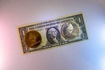 Ethereum Cryptocurrency Coins On Us Dollar Bill Financial Concept