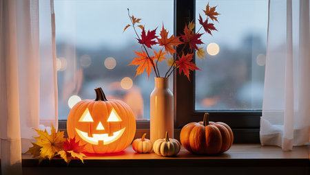 Cozy Halloween Evening View With Jack O Lantern And Autumn Decorations On Windowsillの素材
