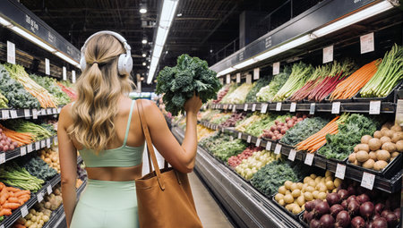 Rear view of young woman in headphones choosing fresh vegetables in supermarketの素材