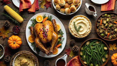 Thanksgiving feast table setting with roasted turkey and autumn harvest ingredientsの素材
