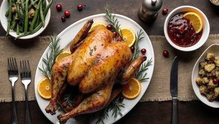 A traditional thanksgiving dinner feast with roasted turkey and classic side dishesの素材