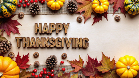 Happy thanksgiving festive autumn border with pumpkins and colorful maple leavesの素材